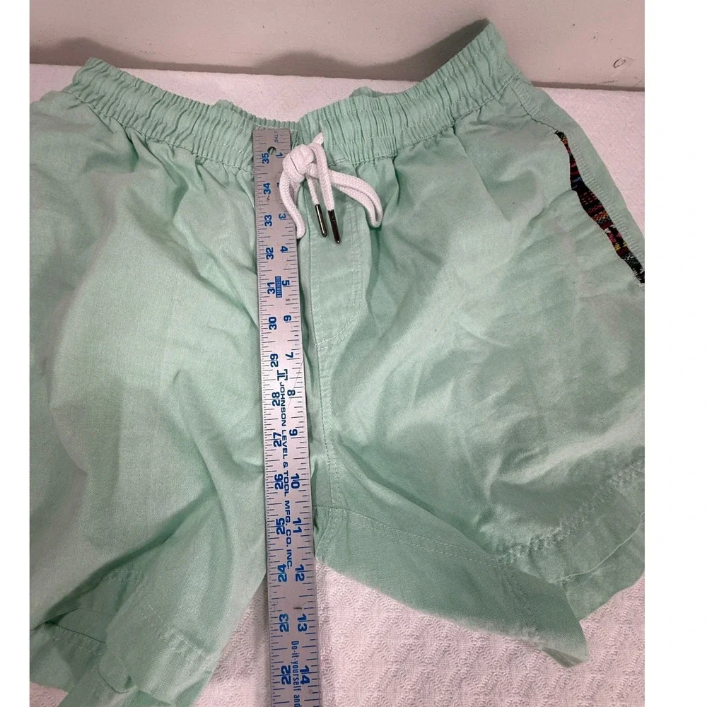 Wowie Aztec Shorts Men L Mint Green Geometric Trim Drawstring Casual Unlined EUC